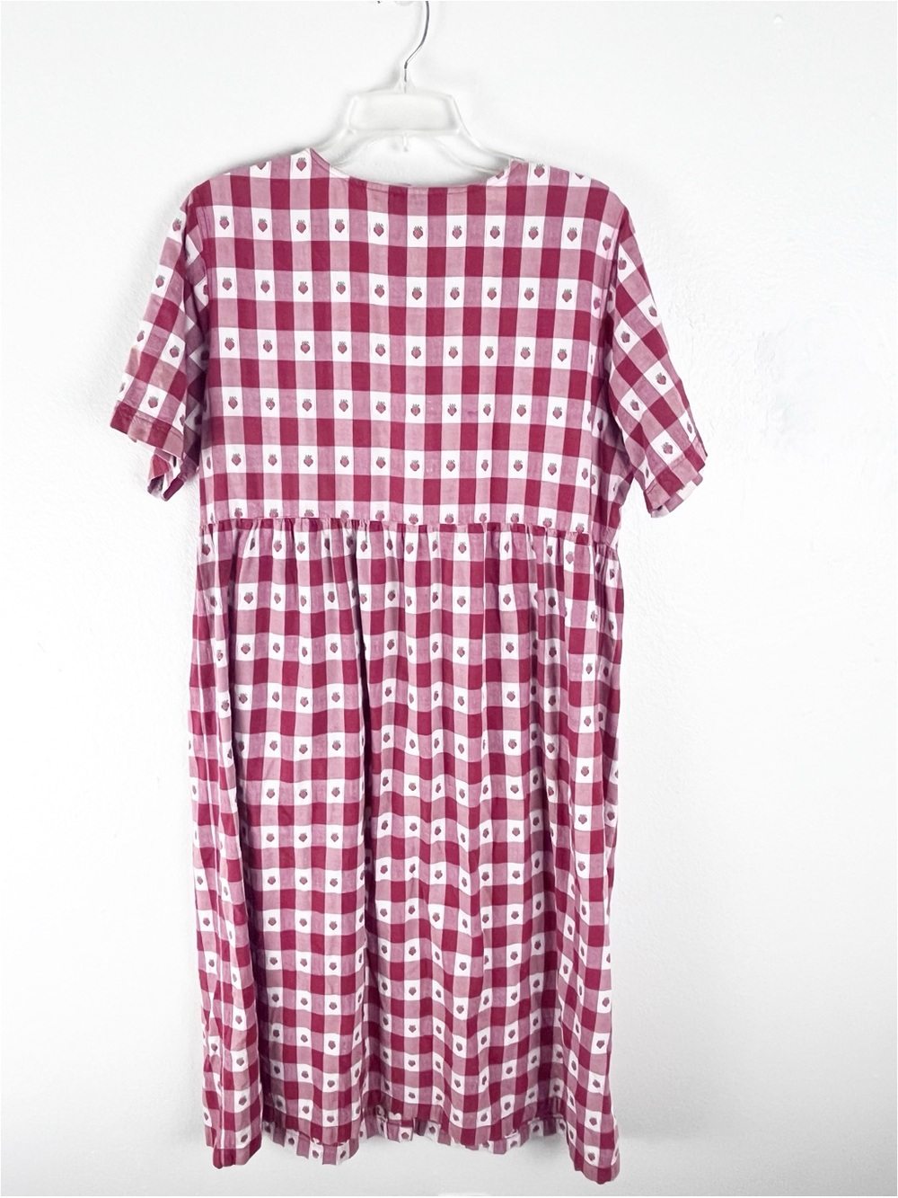 VINTAGE 100% Cotton Red Checkered Strawberries Short Sleeves Button Dress Large - Picture 2 of 9